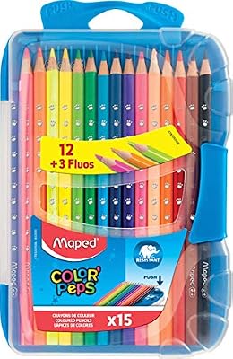 Maped - Smart Box de 15 Crayons de Couleurs Color'Peps - Boîte Innovante Ultra Résistante aux Chocs et Compacte - Idéal Rentrée et Fournitures Scolaires - Crayons Ergonomiques en Bois - 3 Fluos Inclus