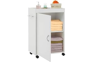 BAKAJI Carrello Bagno Cucina in Legno MDF con Anta 3 Ripiani e 4 Ruote Girevoli Dimensioni: 50 x 32 x 77,5 cm Mobiletto Trolley Salvaspazio Colore Bianco