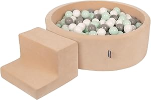 KiddyMoon Velvet Aire De Jeux en Mousse avec Rond Piscine À Balles (100 Balles) Fosses À Boules pour Enfants Jouets Parcours Obstacles, Beige Sableux: Blanc/Gris/Menthe