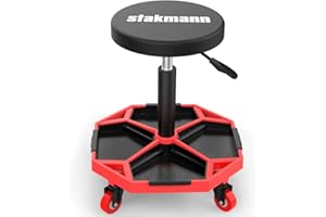 STAKMANN Sgabello da Officina con Ripiano Porta Attrezzi e Viti, Sedia Portattrezzi con Ruote Girevoli a 360°, Supporto Meccanico con Seduta Nera Comoda Imbottita, Altezza Regolabile e Portata Massima 136kg