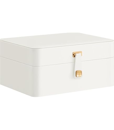 SONGMICS Boîte à Bijoux Voyage - Miroir, Rangement Organisé - 10,5x20,5x6cm - Blanc - PU - Coffret Cadeau Élégant