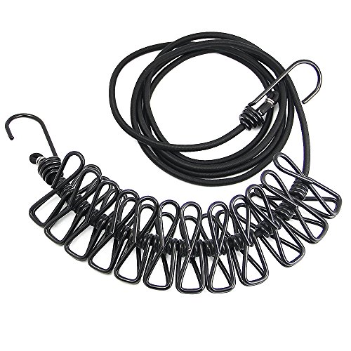 JTDEAL flexible Wäscheleine, Kleiderhaken, Outdoor Wäscheleine mit 12 beschichteten Klammern für Reise, Urlaub, Camping, 180cm-340cm, Schwarz