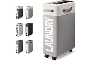 Rieeyrslza Składany Kosz na Pranie na Kółkach 45L Wolnostojący Wodoodporny Sorter Bardzo Wąski Nadaje się do Domu (Biały+Jasnoszary o2)