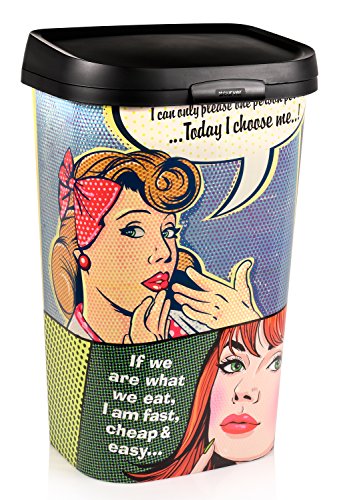 Curver Mülleimer 50L aus Kunststoff mit Pop Art Motiv | Abfallkorb mit Müllbeutel Clip an der Rückseite | Gesamthöhe 63 cm | Stylisches Pop Art Motiv für das gewisse etwas in Ihrer Küche