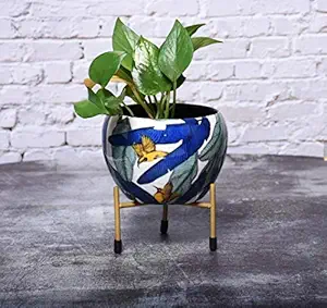 HINS Blue Flower Print 7 Inch Polka Metal Round Shape Flower Plant Pot With Stand Metal Pots For Indoor Plants I Elevated Garden Planter I Raised Planter I Desk Plant I Raised Planter Box I Ascent Homes Metal Planter I Raised Planter Box With Legs I Brass Pots For Indoor Plants I Golden Planter I Mid Century Plant Stand I Brass Planters For Indoor Plants I Indoor Plant Stand For Living Room I Metal Planters Pot For Indoor Plants designer pots for indoor plants