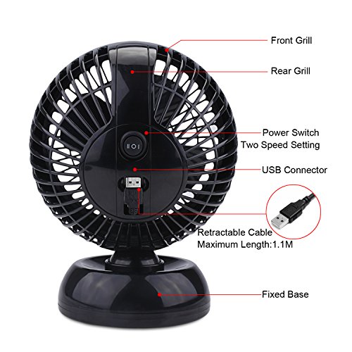 USB Ventilator Fochea Tischventilator Mini Lüfter Kraftvoller und Geraüscharmer mit Einziehbarem USB-Kabel ,Justierbarem Winkel und 2 Geschwindigkeitsstufen für Zu Hause, Büro und Schreibtisch,Schwarz - 2