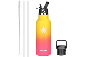 XACIOA Stainless Steel Water Bottle with Straw -500/750/1000/ml Vacuum Insulated Leak Proof Water Bottle for Hot/Cold Drinks,BPA Free - with 2 Replacement Lid and Straw Brush