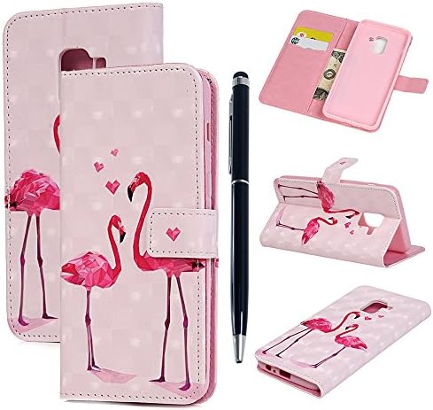 Galaxy A8 2018 Case, Premium Folio PU Leather Wallet Case 3D Pattern with Kickstand Card Slots Magnetic Closure Flip Notebook Cover Case for Samsung Galaxy A8 2018 with Stylus Touch Pen, Flamingo