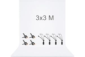 3 x 3 M Toile de Fond, Vevelux Fond Blanc avec 8 Clips Anti-Plis, 100% Polyester Pliable Lavable Durable Écran Blanc pour Photographie, Vidéo, Camera, Photo, Prise de Vue Vidéo