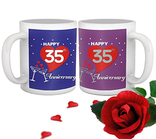 TIED RIBBONS 35th Wedding for Parents Father Mother Brother Sister Friend Collegue Relatives Set of 2 Printed Coffee Mugs with Rose(325ml Each,Blue,Purple)