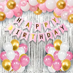 Party Propz Happy Birthday Decorations For Girls Combo Set- Pink White Gold Metallic Balloons, Happy Birthday Bunting, Foil Curtain- Girls, Women, 1st, 2nd, 3rd, 4, 5,6th - 34Pcs