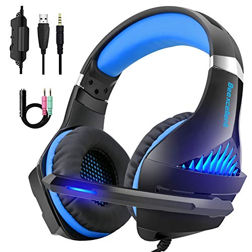 Beexcellent Gaming Headset Over-Ear Headphones 3.5mm Jack Cable for PS4, Xbox One, PC with Noise Cancelling Mic/Volume Control/LED Light