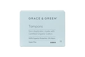 GRACE AND GREEN Grace & Green - Organic Tampons - Non-Applicator - Size: Super Plus - Made with Organic Cotton - Sustainable - 15x Super Plus Tampons
