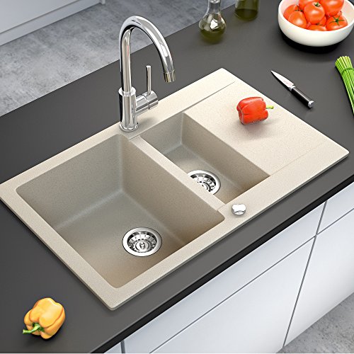 Spüle Granitspüle Küchenspüle Einbauspüle Auflage Doppelspüle Spülbecken 800 x 495 mm + Drehexcenter + Siphon (Beige) - 4