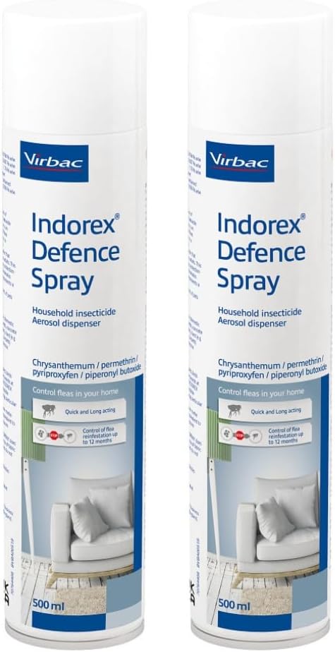 Virbac Indorex Defence Flea Spray for the Home – Long-Lasting 12-Month Protection Against Fleas and Dust Mites – 2 x 500ml Ca