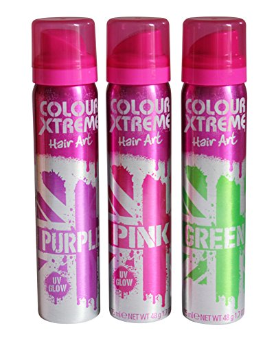 Colour Xtreme Bundle: 3 x 75ml Hair Art Spray - Purple, Pink, and Green - Temporary Colours with UV Glow