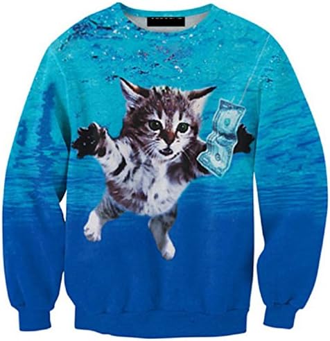 Fsanly 3D Men's Sweatshirts Longsleeve Crewneck Tops Dollars Cat Jumple Print Autumn Pullover Blue L