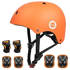 XJD Kids Helmet 3-8 Years Toddler Helmet Boys Girls Adjustable Sports Protective Gear Set Knee Pad Elbow Pads Wrist Guards Roller Bicycle BMX Bike Skateboard Helmets for Kids Orange S