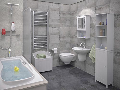 Bathroom Cupboard White Tall 1 Door 4 Shelf Wooden Cabinet Tong & Groove