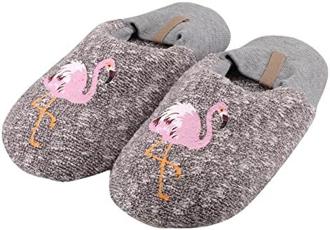 Yiwant Women's Slippers Comfort Cotton Flamingo Pattern Washable Flat Closed Toe Ultra Lightweight Indoor Shoes With Non-Slip Sole, Grey