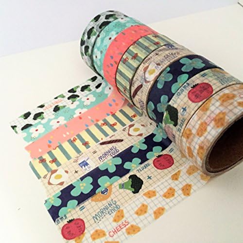 8 Fruit Washi Tapes Set - Cheese Eggs Food Vegetables - Broccoli - Flower - Rain Drop - Washi Tape Set 15mm by 5 metres