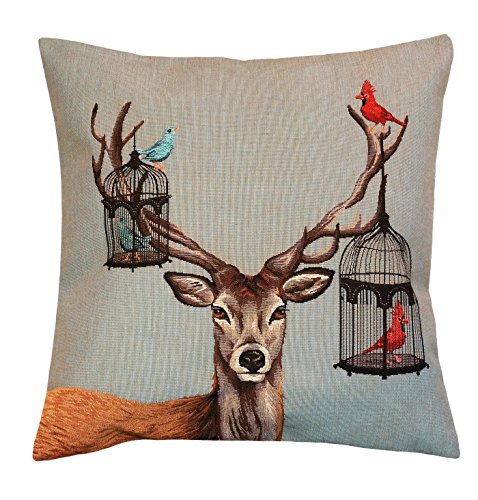 edle Kissenhülle, Zierkissenhülle 45 X 45 cm, "Stag with Birds in a Cage" Gobelin Cushion