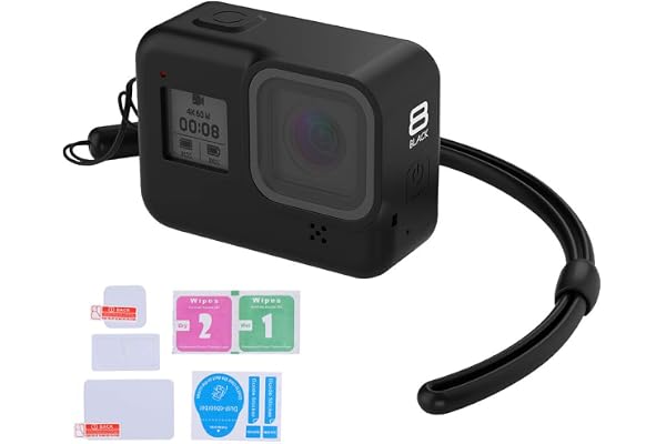 LARRITS Housse de Protection en Silicone + lanière en Silicone + Protecteur d'écran en Verre et d'objectif pour GoPro Hero 8 Noir