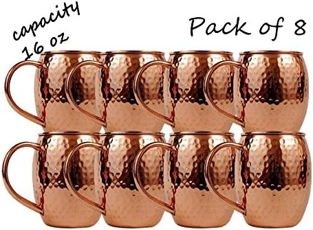 Moscow Mule Copper Mugs: Set of 8, Cup - 100% Copper Accessories - Handmade Barrel Style Drinking Mug with Hammered Effect - The Perfect Kitchen Present for Men &amp; Women