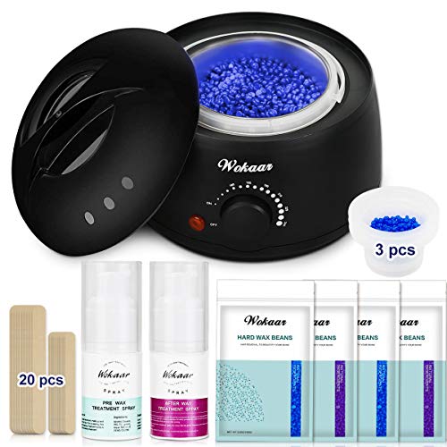 Wax Warmer Kit, Hair Removal Waxing Kit with Wax Beans (100g/bagX4)+ 1 Pre / 1 After Wax Treatment Spray +20 Wax Applicator+3 Disposable Waxing Pots