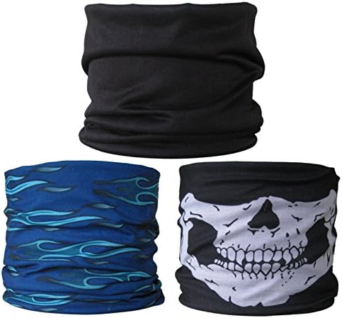 (3 PACK) Multifunctional Headwear...Plain Black / Blue Flames /Skull Jaw