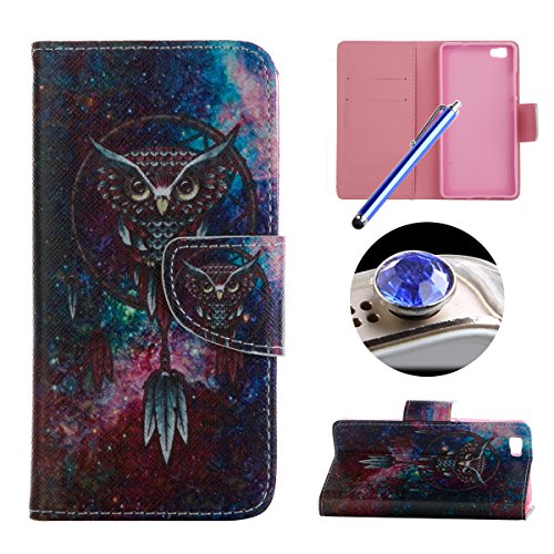 Etche Stand Case for Huawei P8 Lite ,Leather Wallet Case for Huawei P8 Lite,Cool Black Owl Pu Leather Magnetic Flip Case with Card Holder for Huawei P8 Lite with Blue Stylus Pen and Bling Glitter Diamond Dust Plug Colors Random-Black Owl