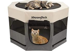 XhuangTech Soft Fabric Portable Foldable Pet Dog Cat Rabbit Guinea Pig Playpen, Iron Pipe Frame Puppy Crate Cage Kennel Tent Indoor/Outdoor use (34.5" x 34.5" x 21.6", Grey)