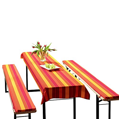 3er Set Biertischauflage mit Biertischauflage und Bierbankauflage "Streifen ort-orange" 70x240 und 25x220x2