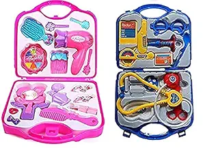 Neel Combo of Beauty Kit Toy Set and Doctor set for Kids Pretend Play Non Toxic 14 Pcs Doctor Set and 16 Pieces Makeup Kit Set For Baby Girl Boys Kids Indoor Game Best Gift For Birthday Festivals etc.