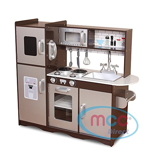 Mcc® Large Kids Brown/Silver Wooden Play Kitchen Children's Role Play Pretend Set Toy Free Utensil Toys