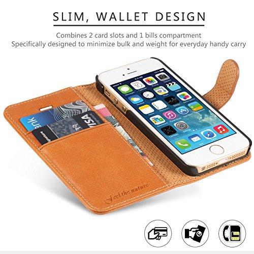 iPhone SE Case, iPhone 5S case, SHIELDON iPhone 5S Wallet case [Lifetime Warranty] Flip Leather Case with [Kickstand] [Card Slots] [Magnetic Closure] Folio Book Cover for iPhone 5 / 5S / SE - Brown