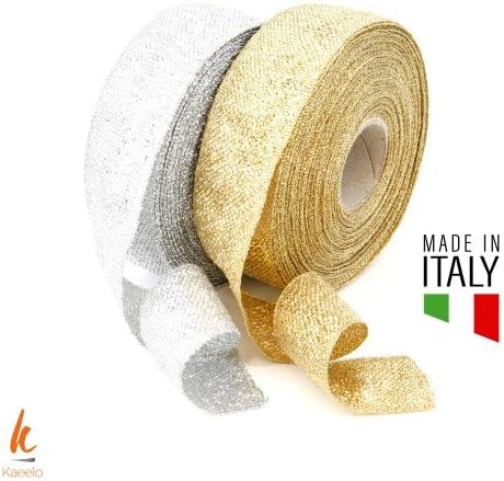 Kaeelo GOLD and SILVER color sparkle metallic lamé ribbons 30mm x 20 meters, perfects for gift wrapping, weddings and any ceremonial occasion - Made in Italy