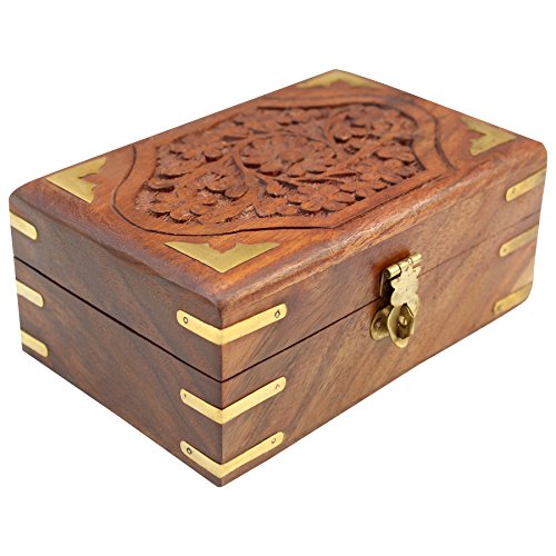 ITOS365 Handmade Wooden Jewellery Box for Women Jewel Organizer Hand Carved Carvings Gift Items, 6 x 4 inches