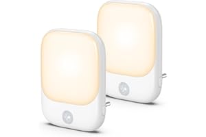OQIMAX Podłączana lampka nocna, 2 PCS Lampki nocne podłączane do ścian z regulacją jasności, 3 tryby oświetlenia, ciepłe białe światło nocne z czujnikiem ruchu, do sypialni, przedpokoju, schodów