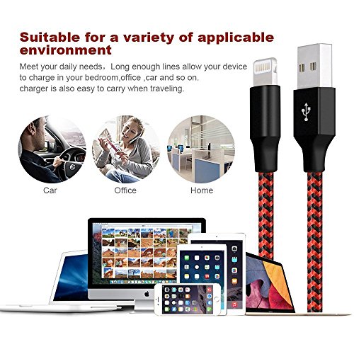 WZS C  ble iPhone  Pack DE 4  1M 2M 2M 3M C  ble Lightning vers USB de Nylon Tress   Connecteur en Aluminium Chargeur iPhone pour iPhone 8 8 Plus 7 7 Plus 6S-Noir Rouge