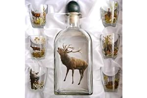 GTK - Geweihe & Trophäen KRUMHOLZ 7 teiliges Schnaps Gläser Set + Karaffe mit Jagddekor Hirsch farbig