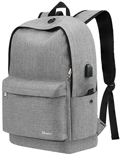 MANCRO Sac à Dos d'école, Sacs à Dos d'étudiant de Collège étudiants pour des Filles Garçons, Sacs à Dos de Résistants à l'eau de Voyage avec l'interface de Remplissage d'USB, Gris