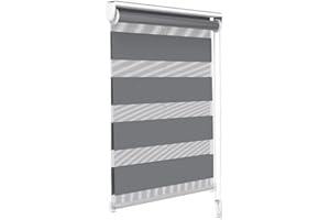 VOUNOT Day and Night Zebra Roller Blind with Clips 100 x 150 cm, Double Fabric Translucent or Blackout Vision Curtains for Window and Door, No Drilling, Grey