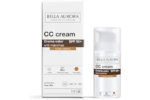 BELLA AURORA CC Cream Antimanchas SPF50+. Crema color tono medio 30 ml | Protege, despigmenta, unifica · SPF50+ UVA, UVB, IR y HEV · Efecto buena cara inmediato · Water resistant