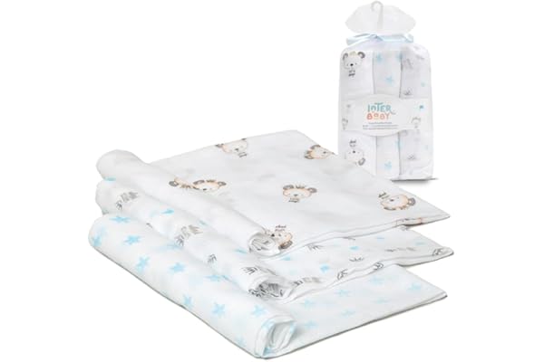 Interbaby Muselinas Bebe Algodon 80x80cm | Pack 3 Gasas para Bebes Recien Nacidos, Lactancia, Toalla, Manta | Muselinas Bebe Cómoda, Suave, Transpirable, Azul