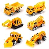 spielzeugautos set 6 kleine Fahrzeuge im Set: Bagger, Bulldozer, Kran, LKW, Tragschaber und Fahrmischer.