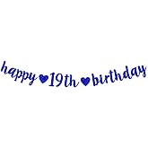 Happy 19th Birthday Bunting Banner 19th Birthday Blue Glitter Hanging Garland for Boys 19th Birthday Party Decoration Photo Backdrop