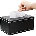 Tissue Box Cover Leather Rectangular Facial Tissue Box Holder, Modern Napkin Storage Caddy with Magnetic Bottom, Pumping Paper Dispenser Case for House Bathroom Office Car Living Room (Black)