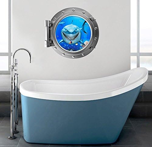 Ocean shark porthole view wall decor bathroom art decor sticker children's playroom fish decal Peel &amp; Stick