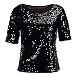Yvelands Damen Pailletten Sparkle Cocktail Party Lässige Top Bluse Crop Tops Shirt Kurzarm T-Shirt(CN-M,Schwarz)